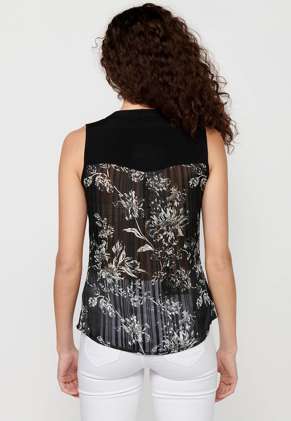 Blouse sans manches à encolure chemise et imprimé floral noir pour femme