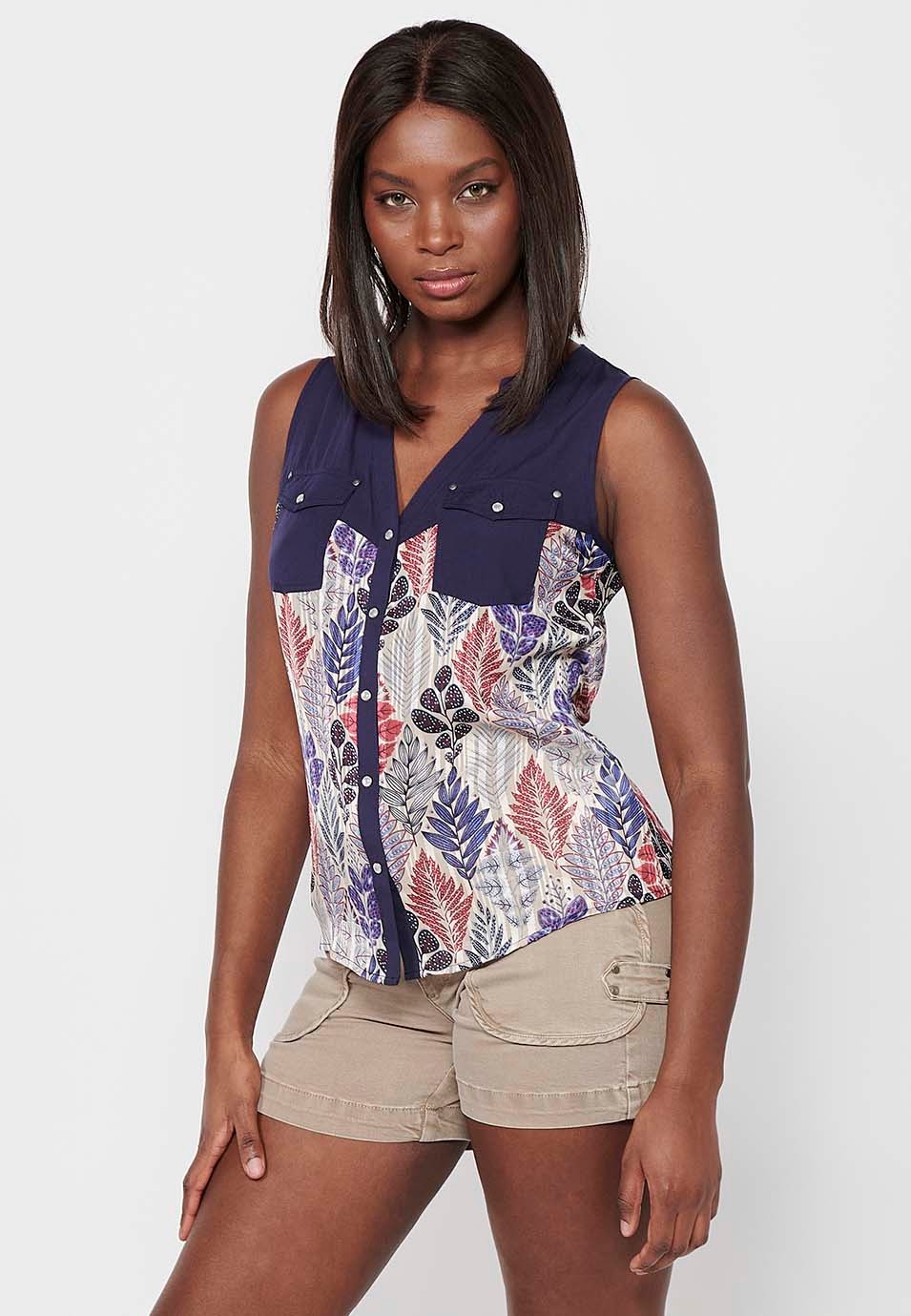 Navy Sleeveless Blouse with Shirt Neckline and Floral Print for Women 5