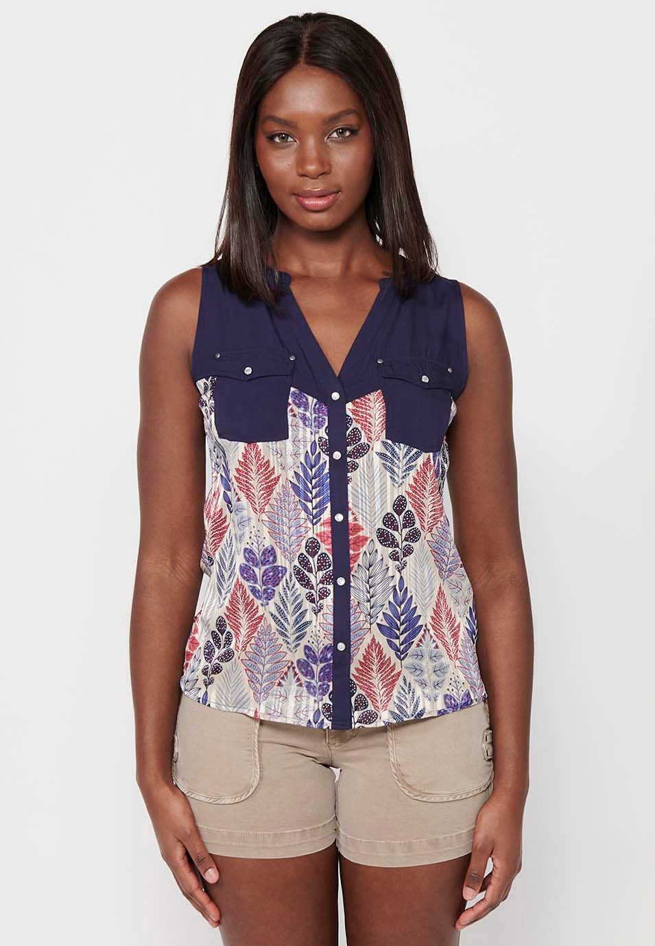 Navy Sleeveless Blouse with Shirt Neckline and Floral Print for Women 6