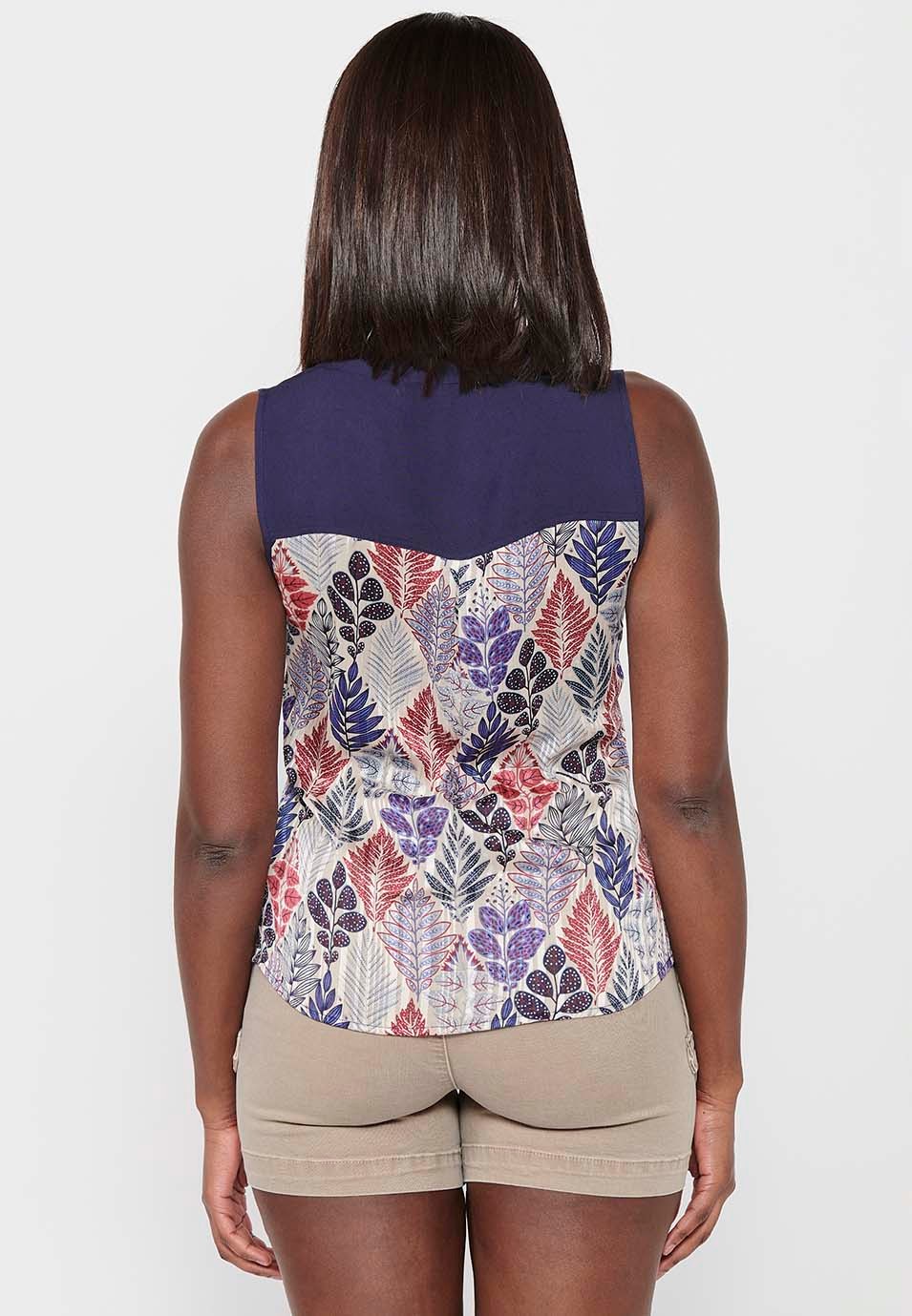Navy Sleeveless Blouse with Shirt Neckline and Floral Print for Women 1