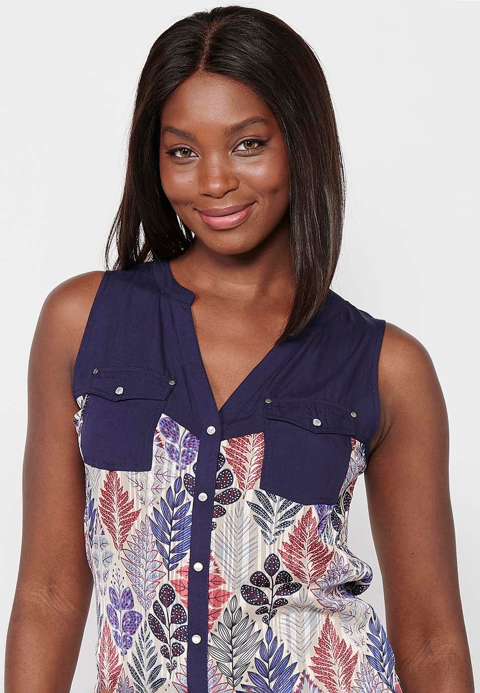 Navy Sleeveless Blouse with Shirt Neckline and Floral Print for Women 2