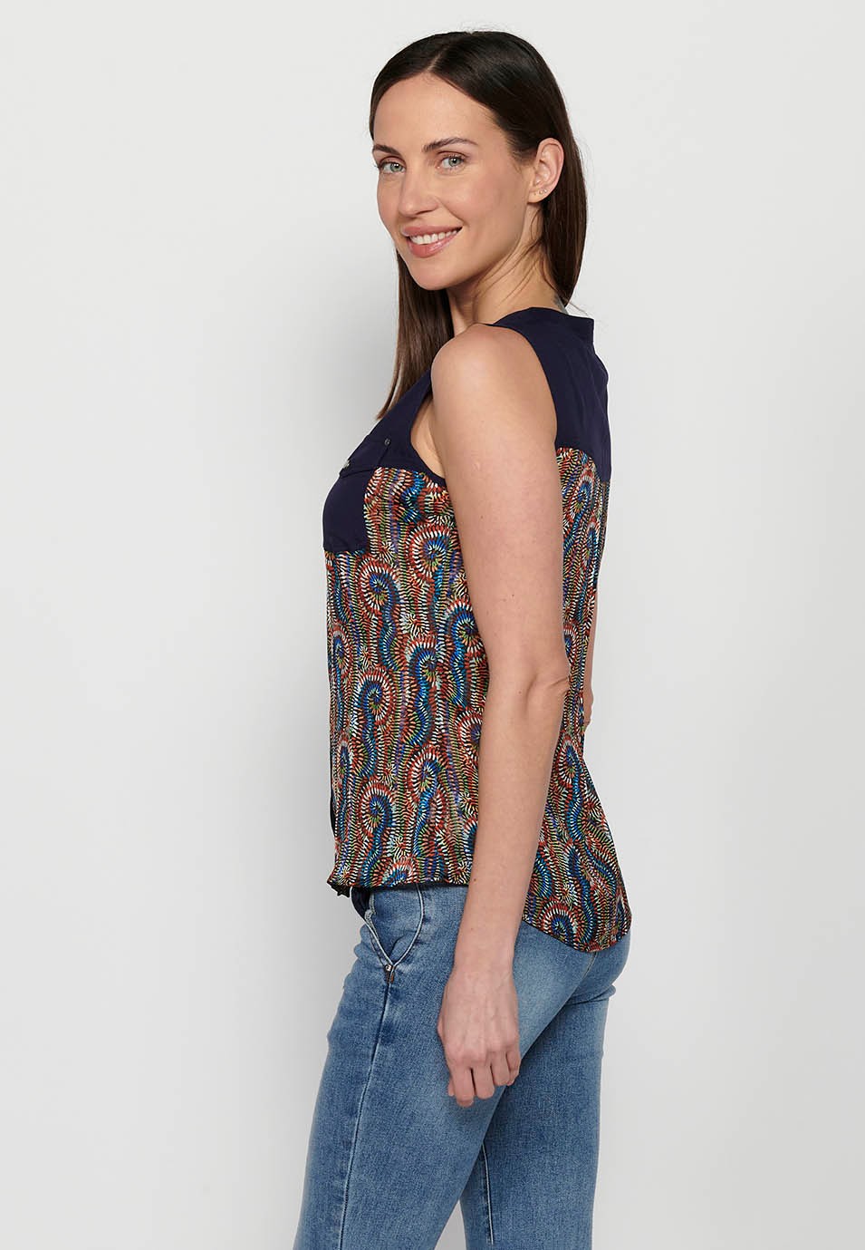 Sleeveless Blouse with Shirt Neckline and Multicolor Floral Print for Women 2