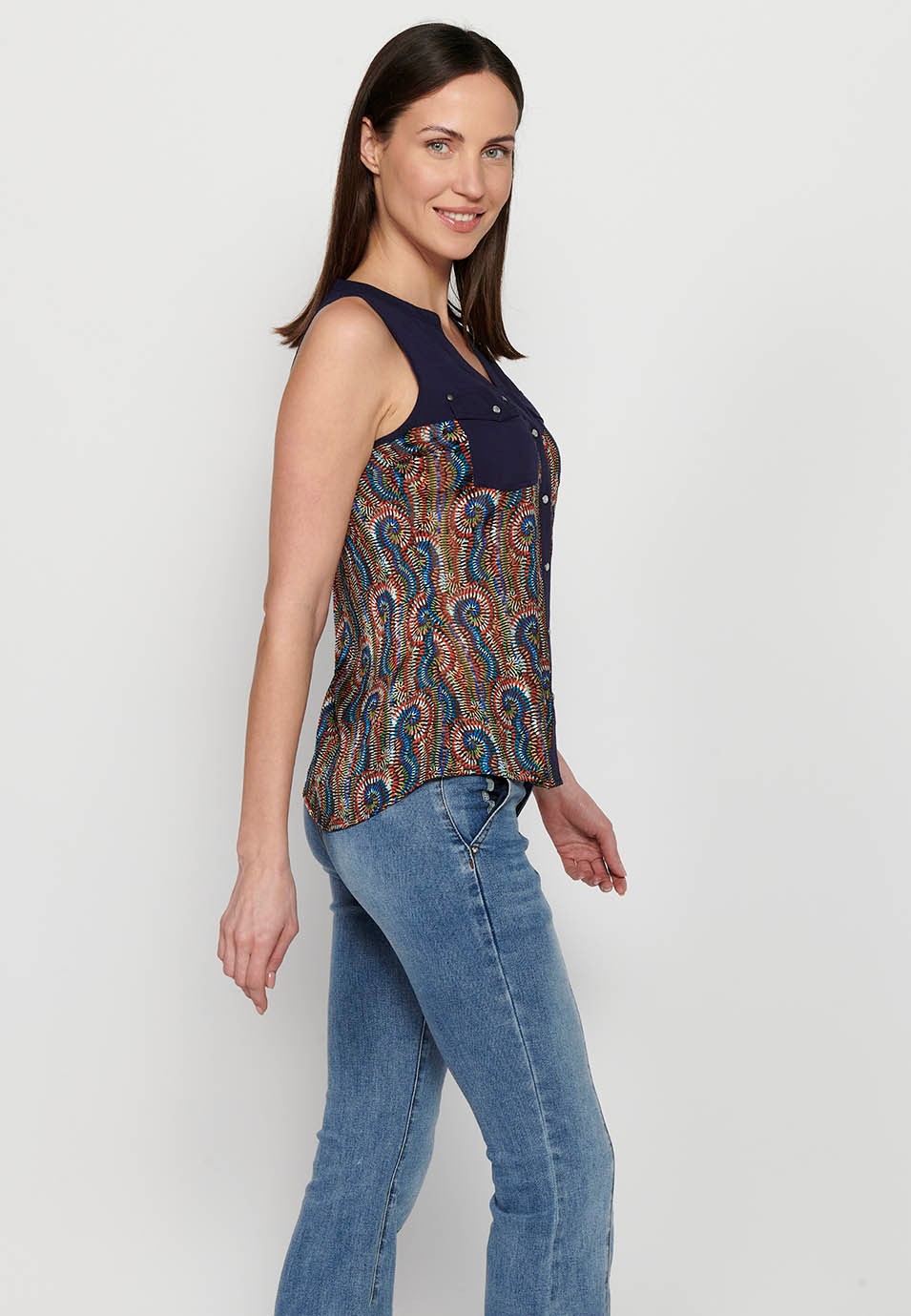 Sleeveless Blouse with Shirt Neckline and Multicolor Floral Print for Women 4