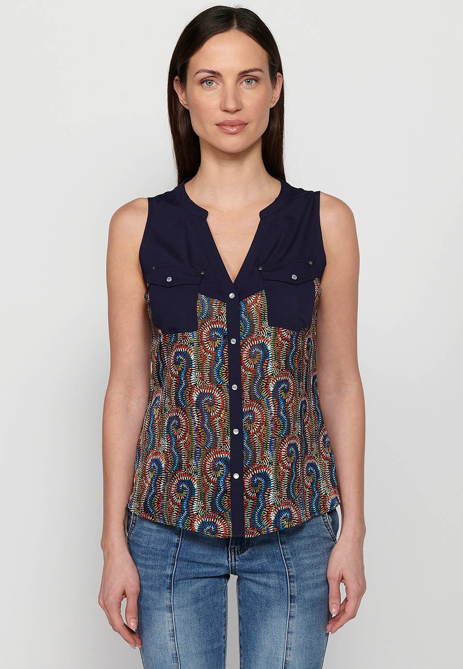 Sleeveless Blouse with Shirt Neckline and Multicolor Floral Print for Women 6