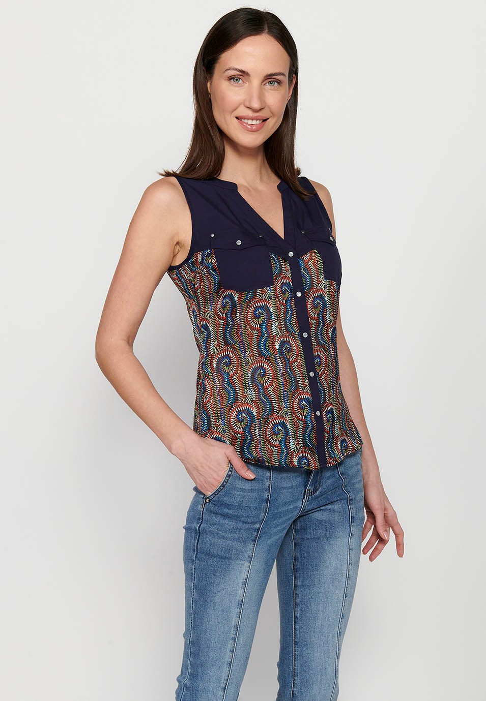 Sleeveless Blouse with Shirt Neckline and Multicolor Floral Print for Women 7
