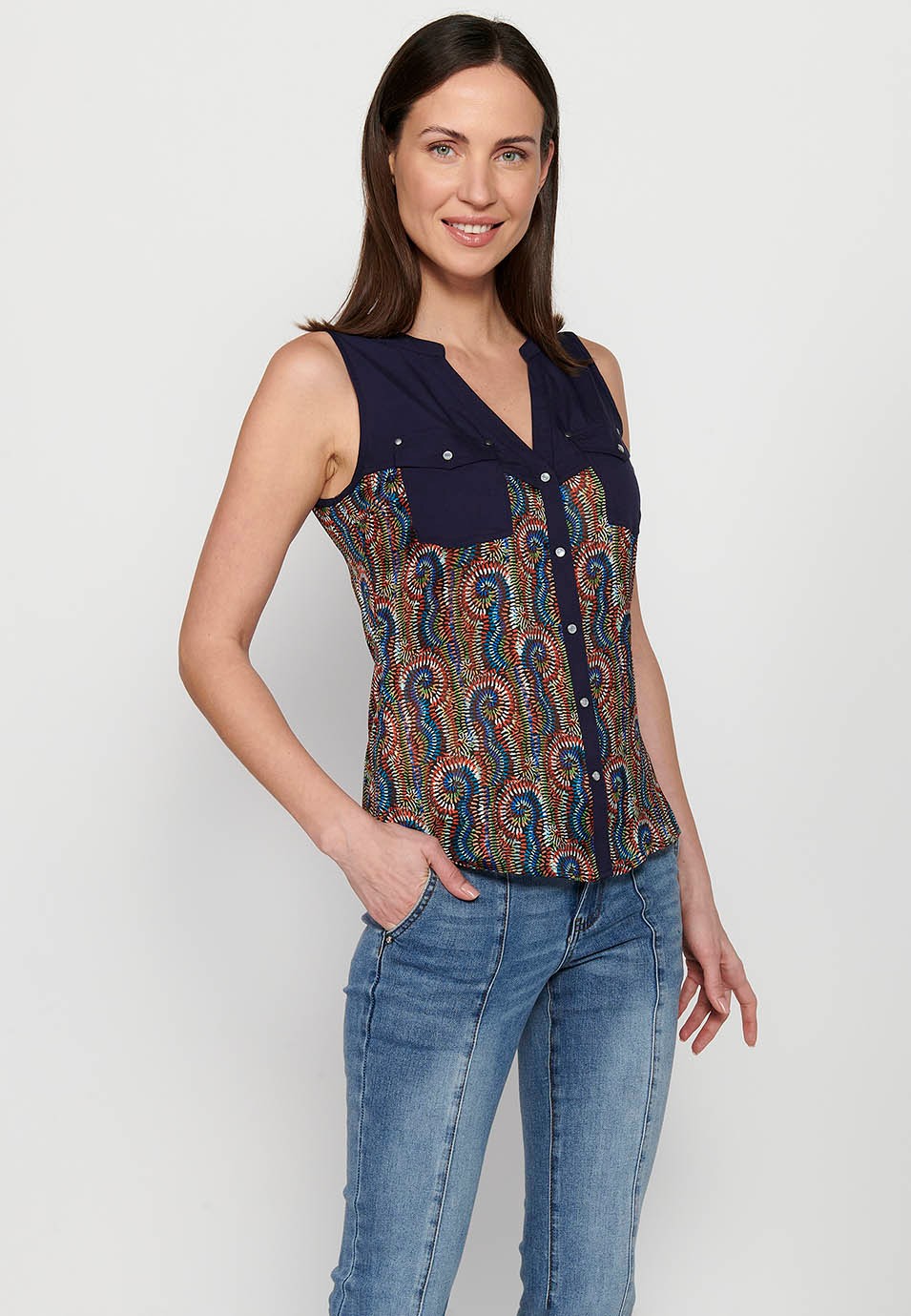 Blouse sans manches à encolure chemise et imprimé floral multicolore pour femme 7