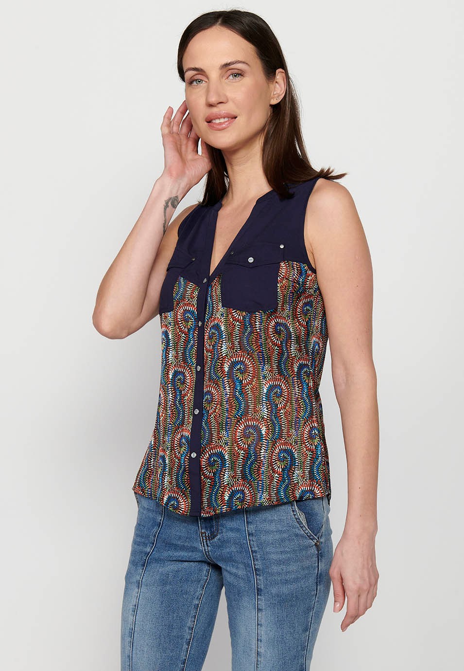 Sleeveless Blouse with Shirt Neckline and Multicolor Floral Print for Women 8