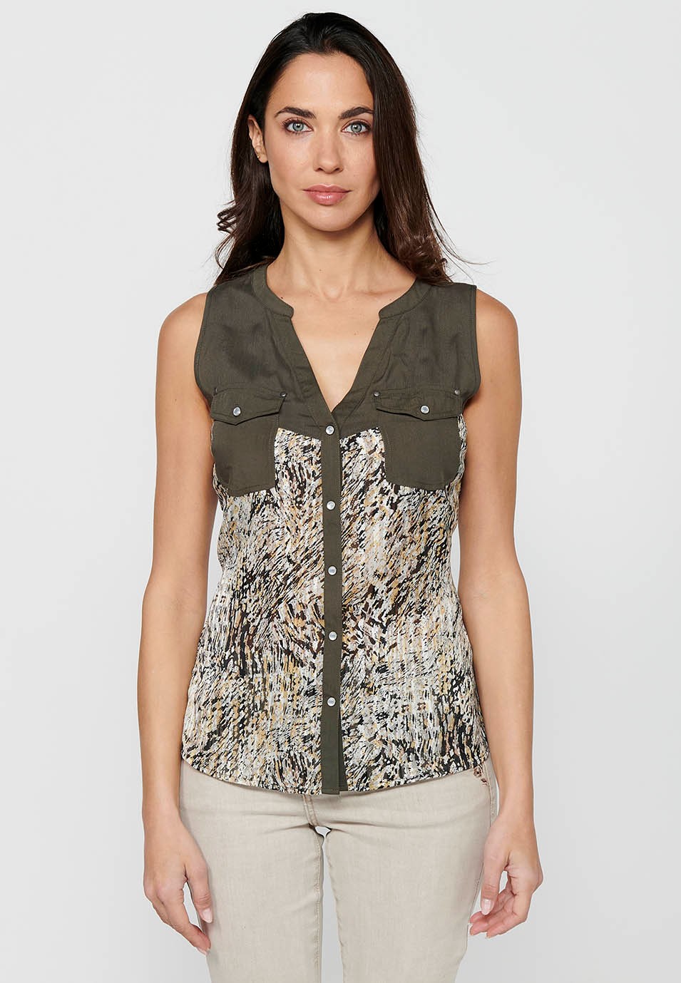 Sleeveless Blouse with Shirt Style and Button Front Closure with Khaki Floral Print for Women 3