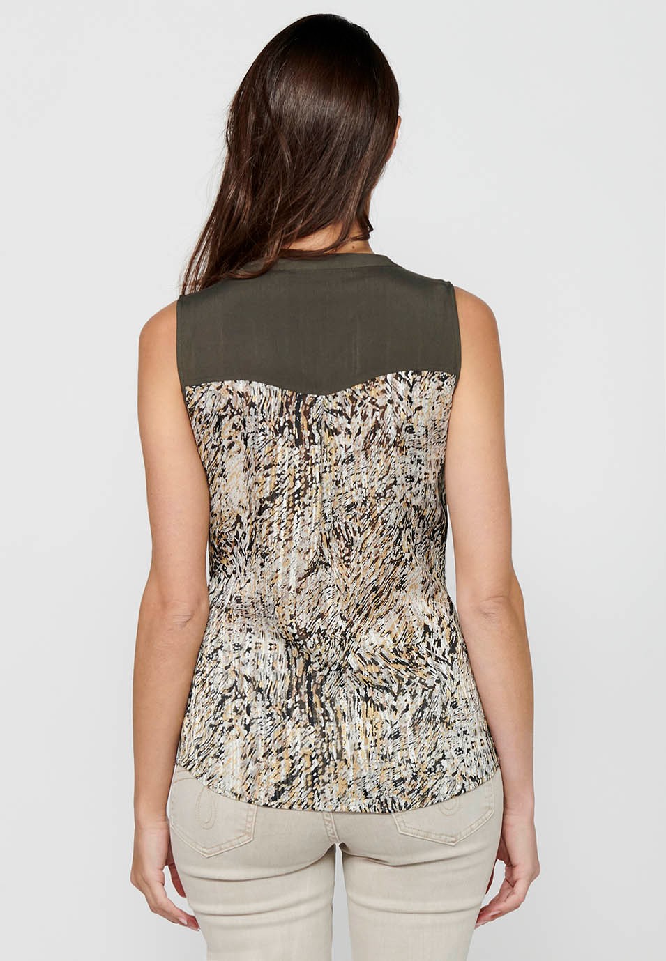 Sleeveless Blouse with Shirt Style and Button Front Closure with Khaki Floral Print for Women 6