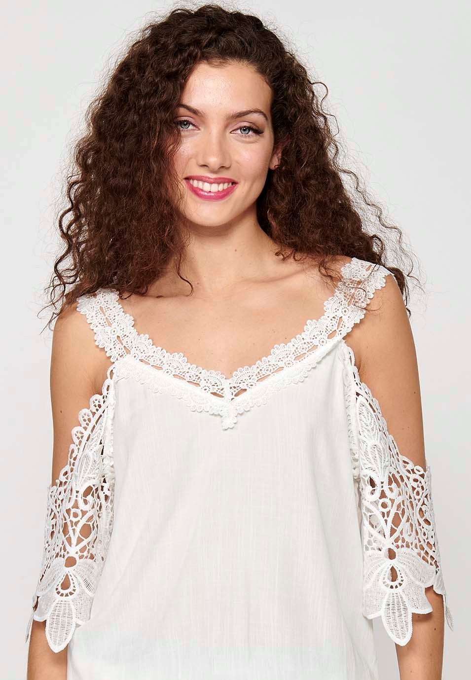 Kurzärmelige Spitzenbluse mit V-Ausschnitt und elastischem Bund in Weiß für Damen 1
