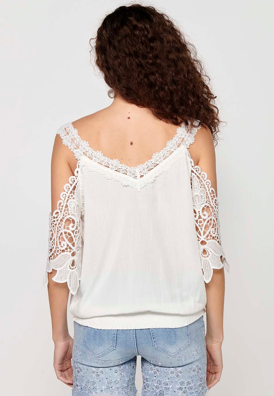 Short-sleeved lace blouse with V-neckline and elasticated waist in White for Women 5
