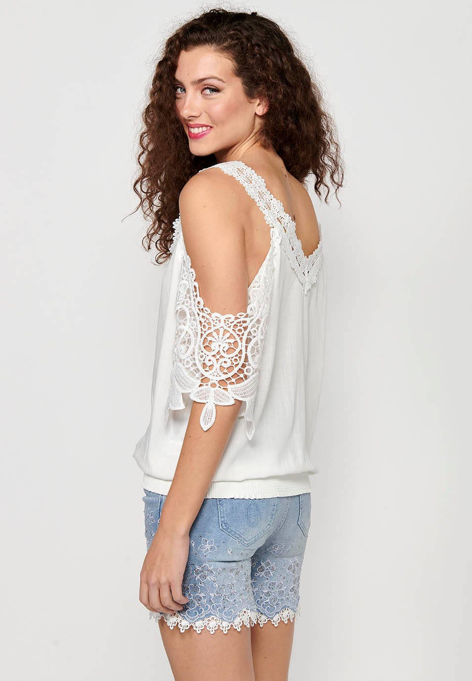 Short-sleeved lace blouse with V-neckline and elasticated waist in White for Women 7