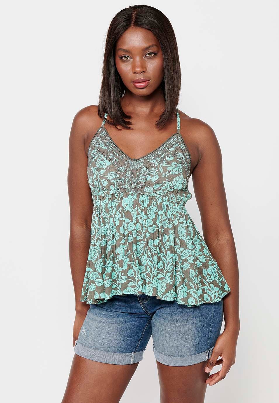 Strap Blouse with Floral Print and Turquoise Front Detail for Women