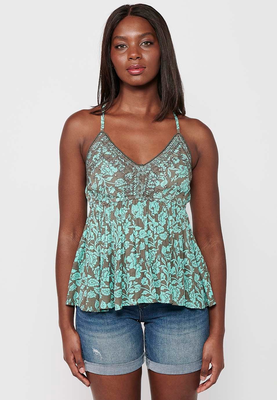Strap Blouse with Floral Print and Turquoise Front Detail for Women 1