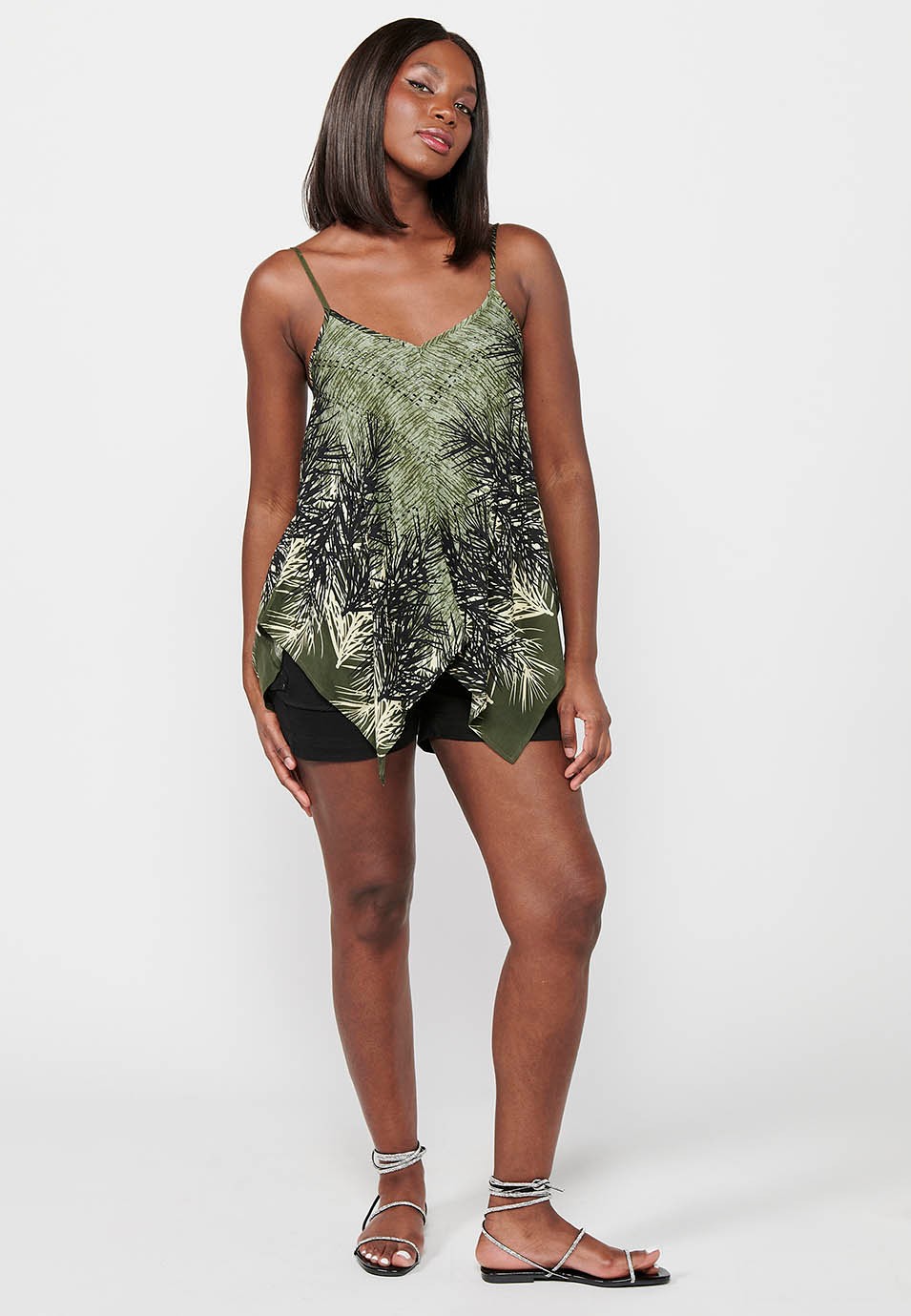Blouse with adjustable straps and loose peak finishes with Khaki floral print for Women