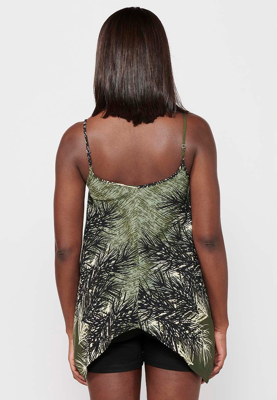 Blouse with adjustable straps and loose peak finishes with Khaki floral print for Women