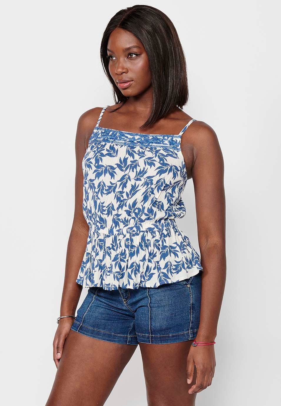 Blouse à bretelles avec imprimé floral et taille caoutchoutée, couleur bleue pour femme