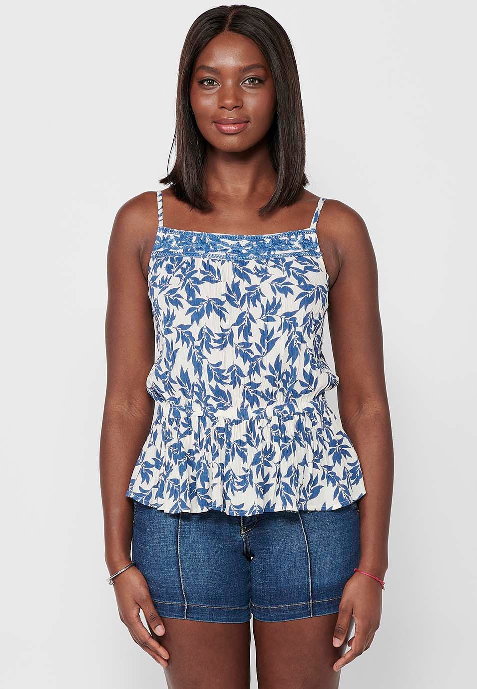 Blouse à bretelles avec imprimé floral et taille caoutchoutée, couleur bleue pour femme