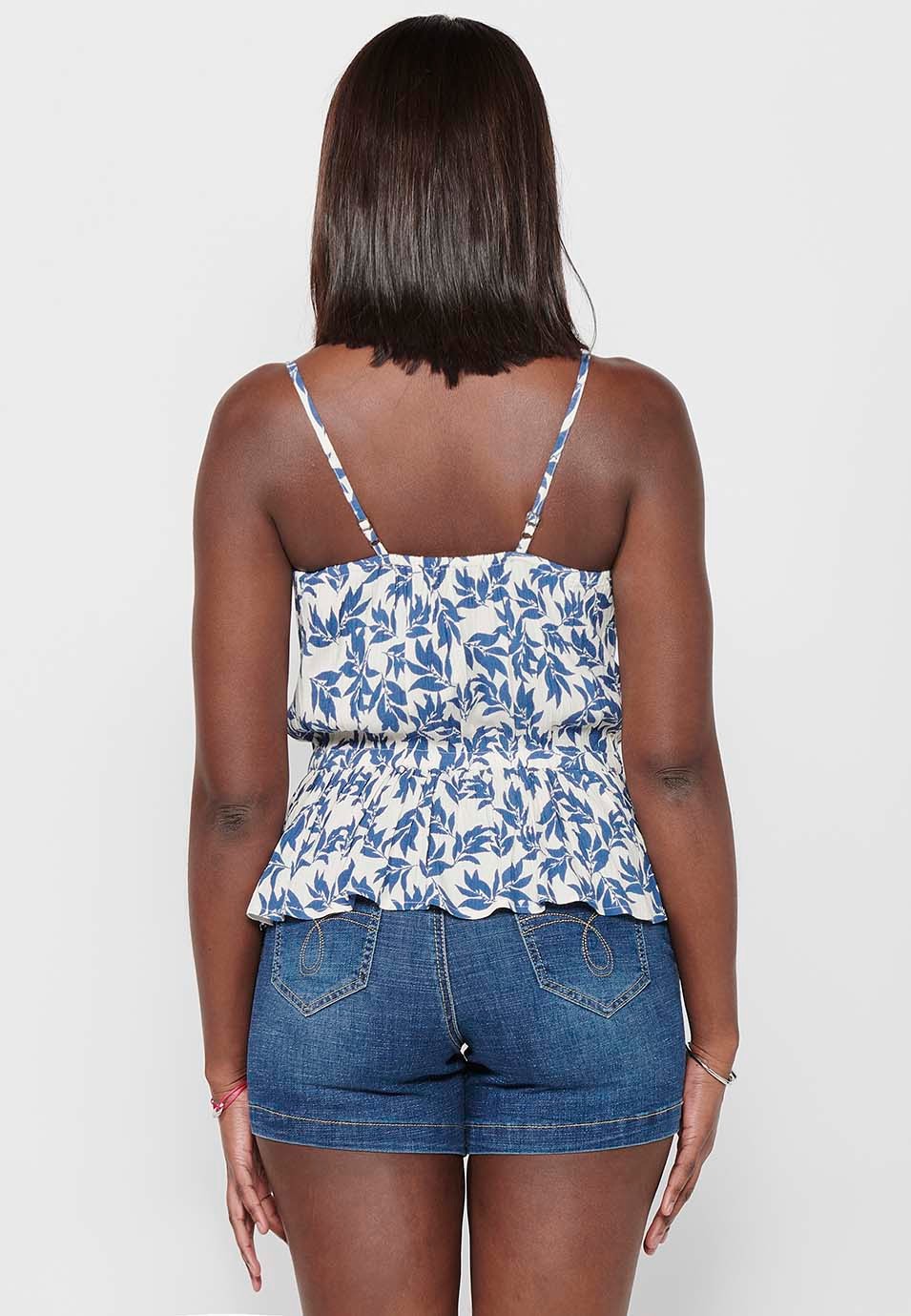 Strap blouse with floral print and rubberized waist, blue color for women