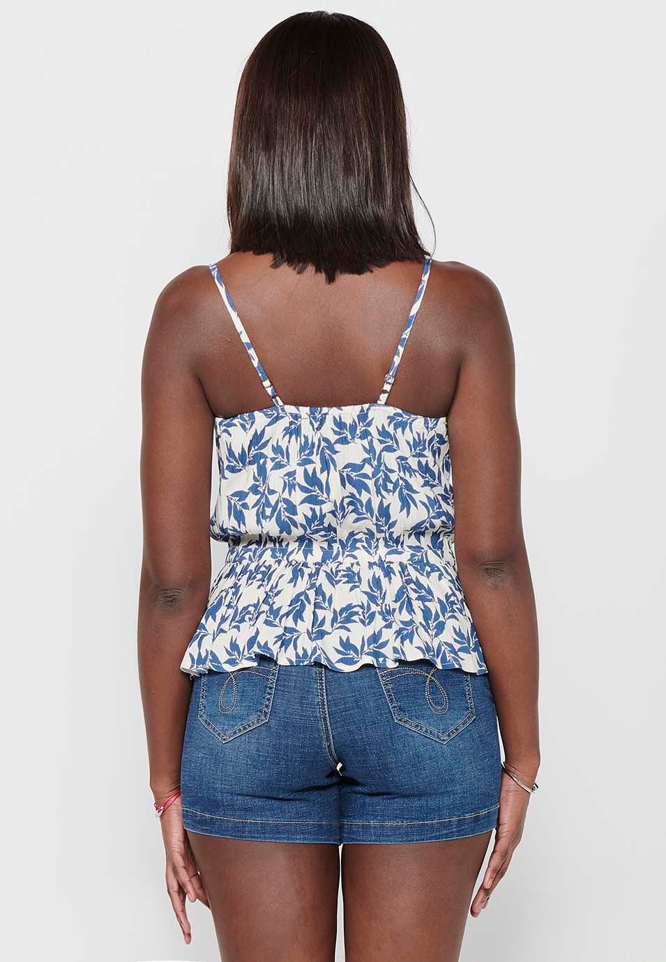 Blusa de tirante con estampado floraly cintura engomada, color azul para mujer