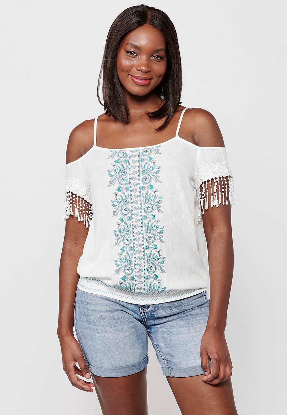 White Tank Top with Floral Embroidered Details and Round Neckline with Rubberized Low Waist for Women
