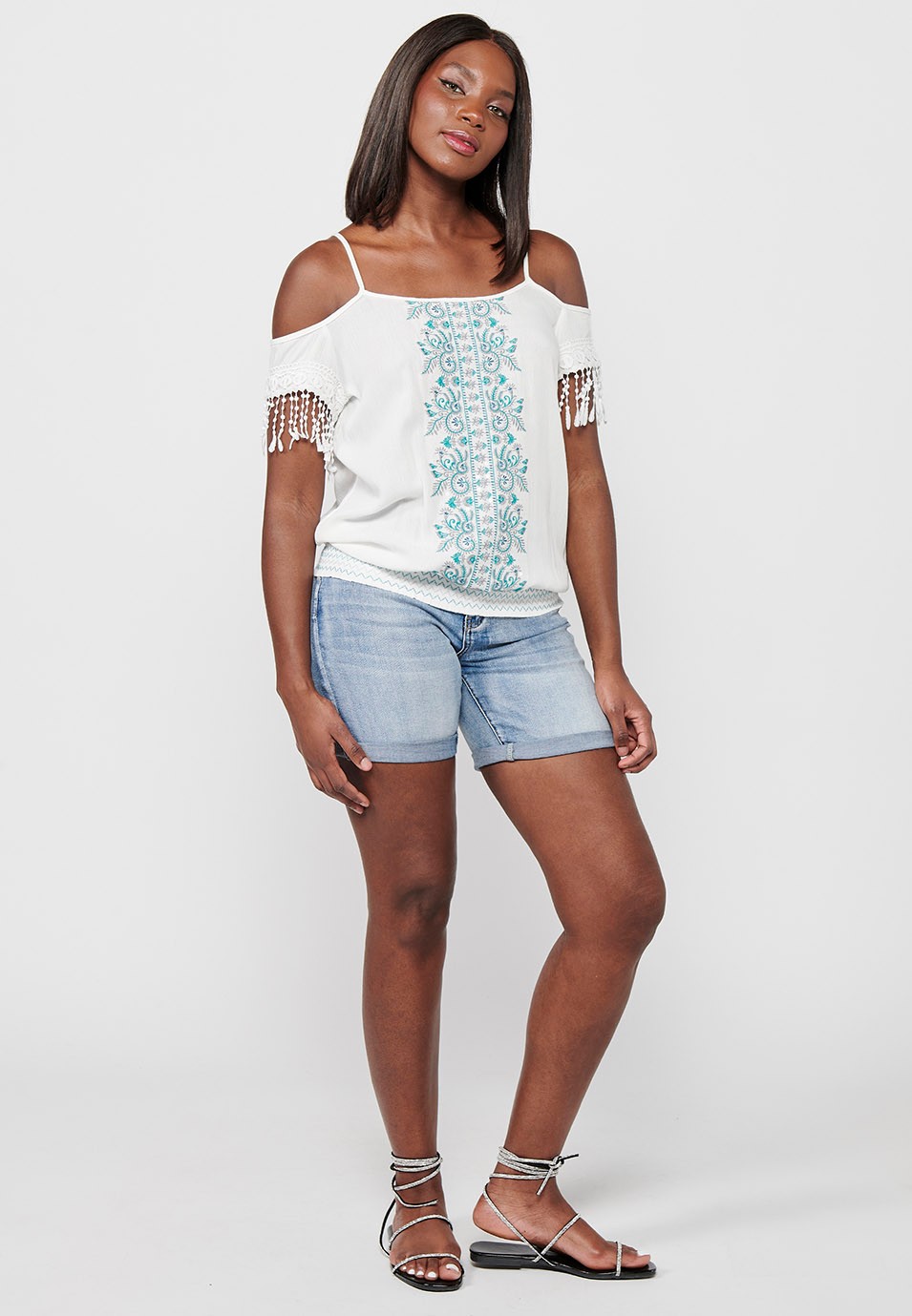 White Tank Top with Floral Embroidered Details and Round Neckline with Rubberized Low Waist for Women 2