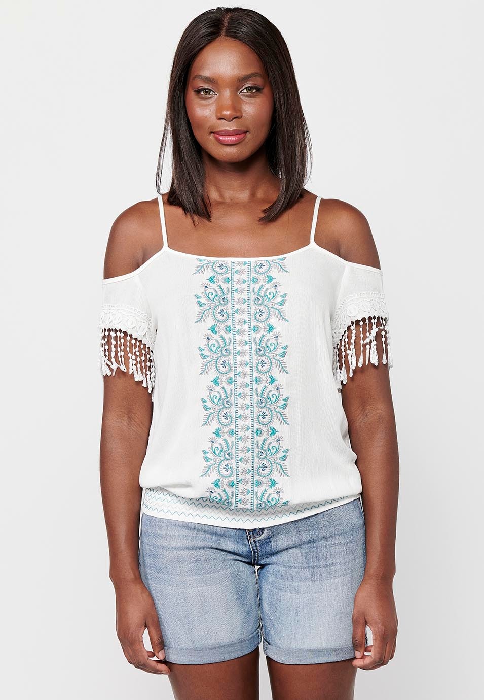 White Tank Top with Floral Embroidered Details and Round Neckline with Rubberized Low Waist for Women 4