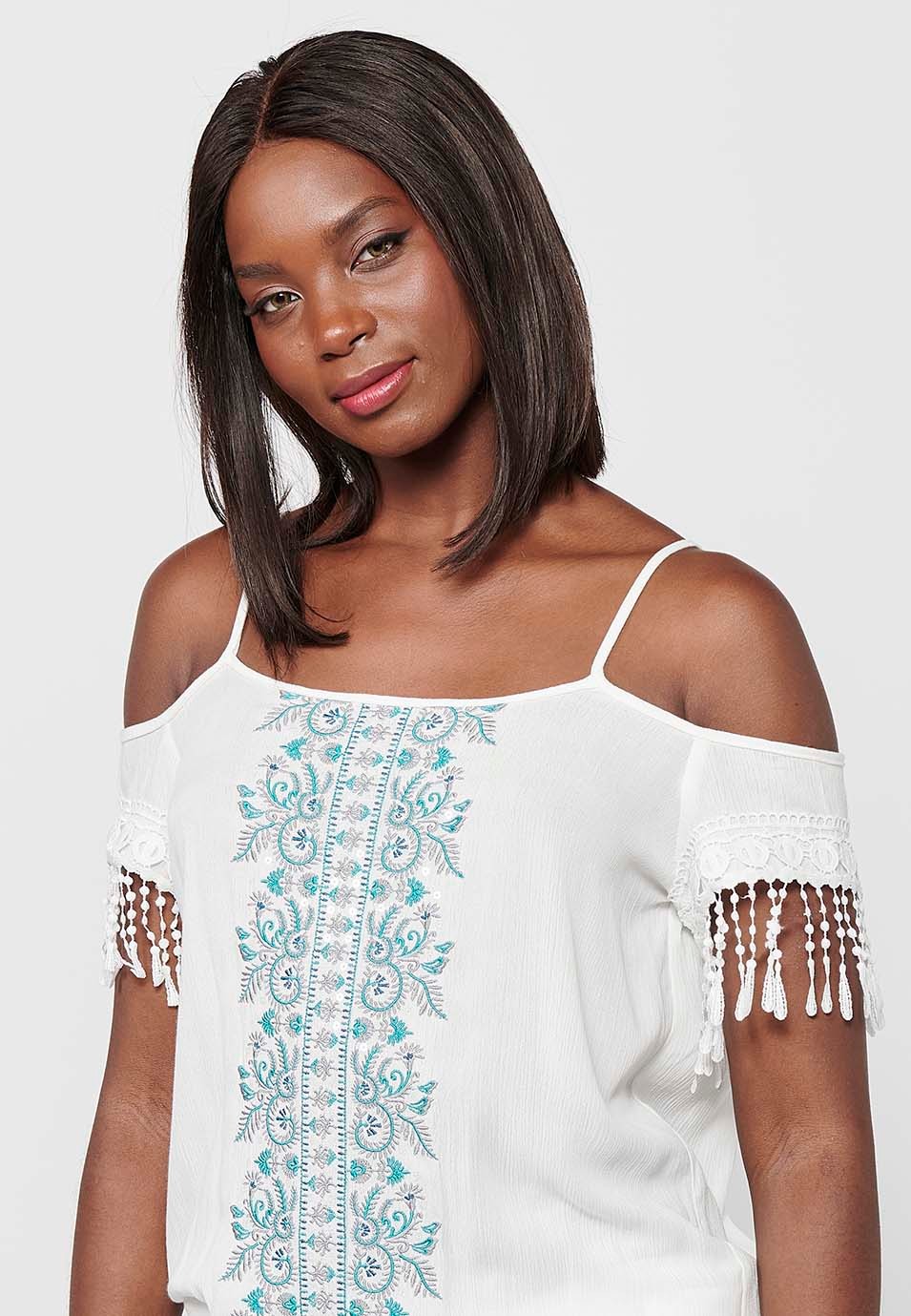 Blusa de tirantes con Detalles bordados florales y Escote redondo con Cintura baja engomada de Color Blanco para Mujer 1