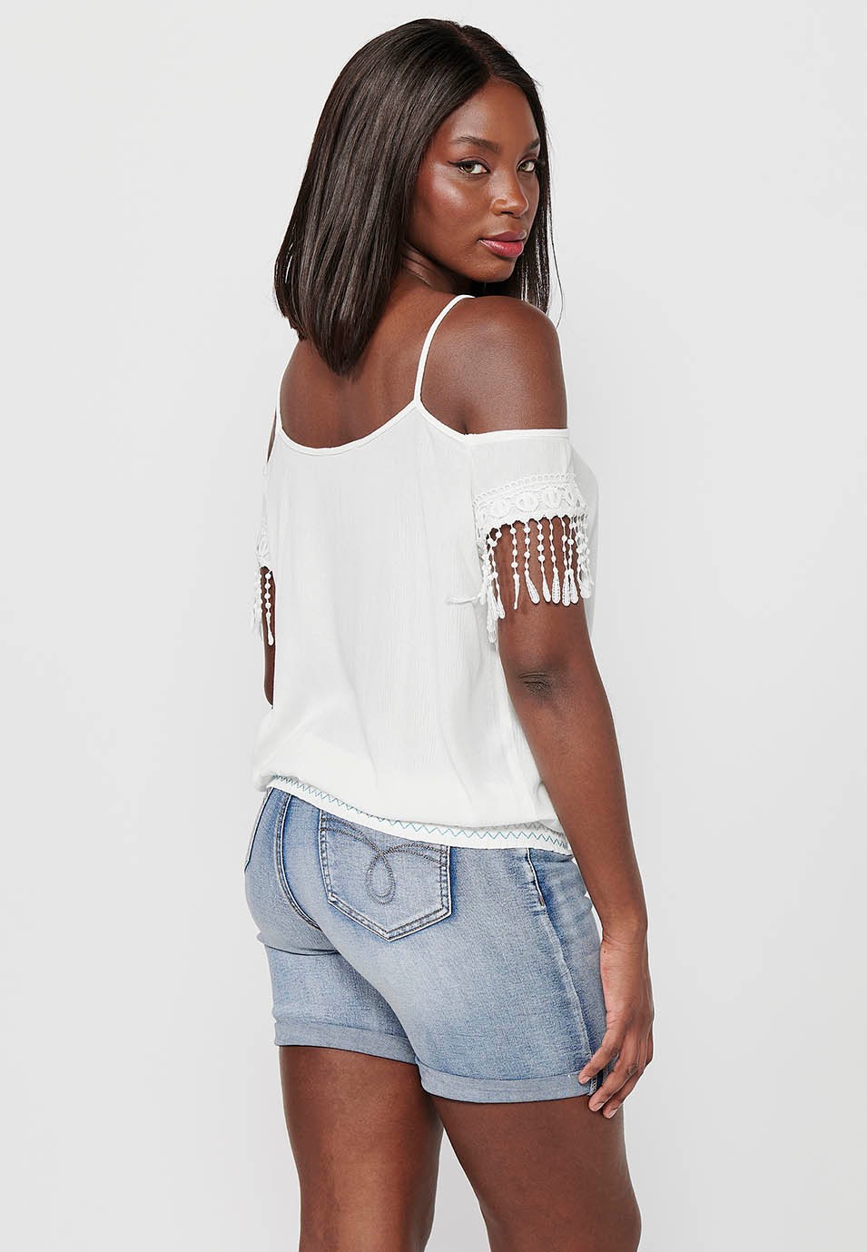 White Tank Top with Floral Embroidered Details and Round Neckline with Rubberized Low Waist for Women 5