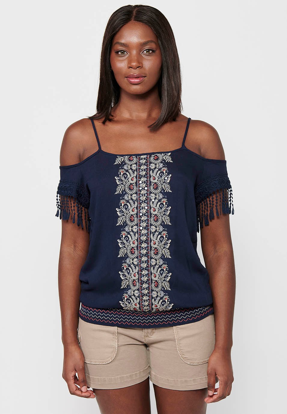 Blusa de tirantes con Detalles bordados florales y Escote redondo con Cintura baja engomada de Color Navy para Mujer 3