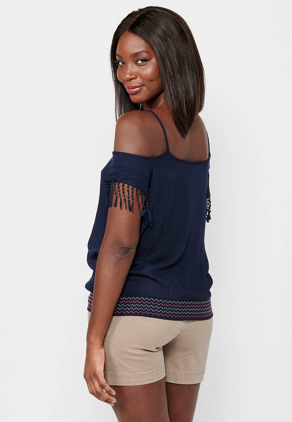 Navy Tank Top with Floral Embroidered Details and Round Neckline with Rubberized Low Waist for Women 7