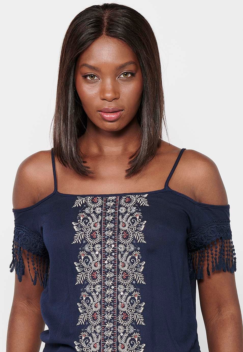 Blusa de tirantes con Detalles bordados florales y Escote redondo con Cintura baja engomada de Color Navy para Mujer 1