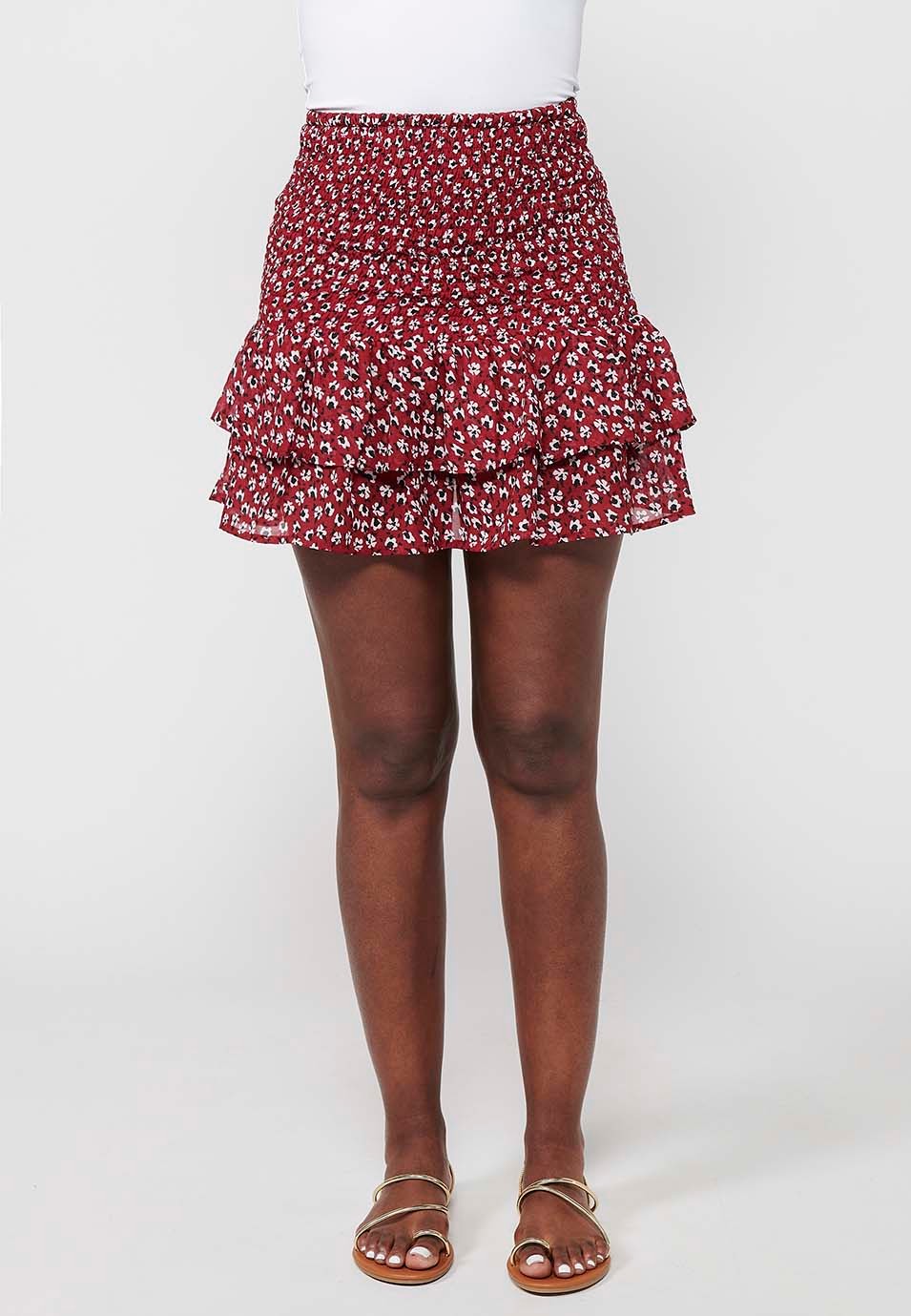 Short skirt with rubberized waist, red floral print for women