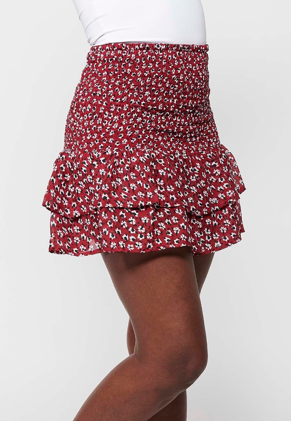 Short skirt with rubberized waist, red floral print for women