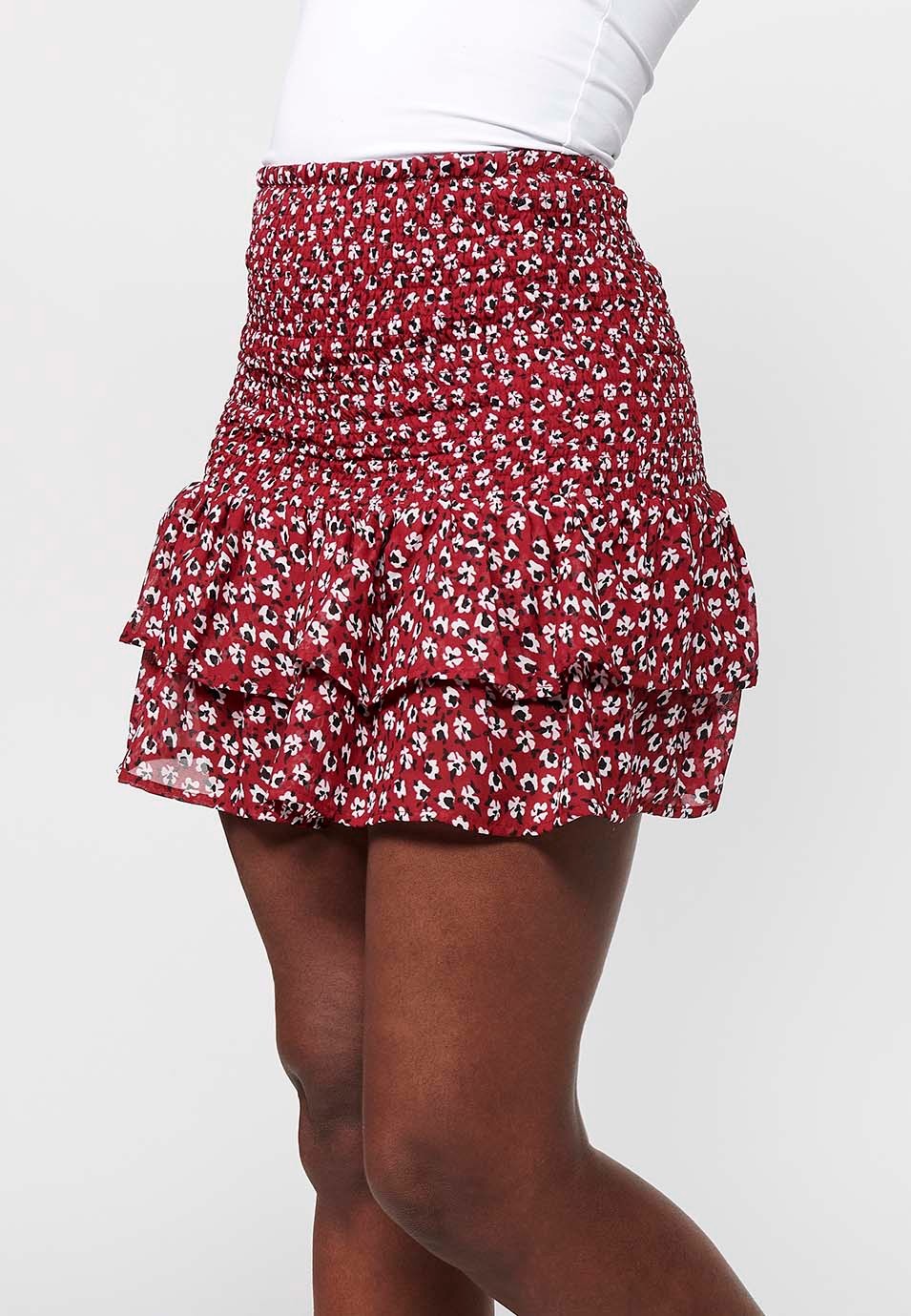 Short skirt with rubberized waist, red floral print for women