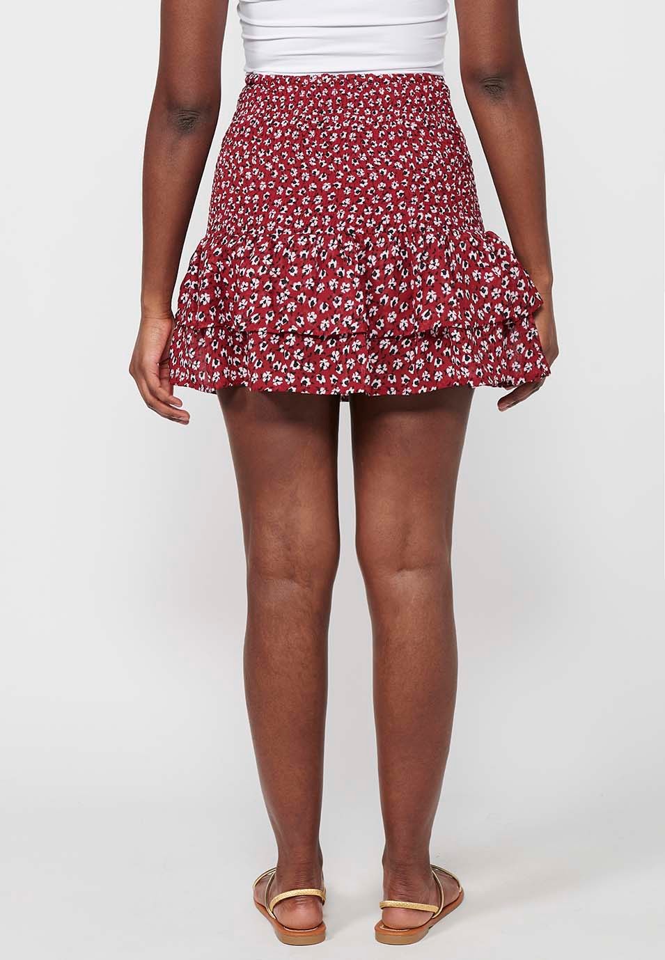 Short skirt with rubberized waist, red floral print for women