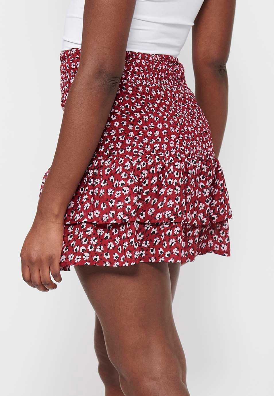 Short skirt with rubberized waist, red floral print for women