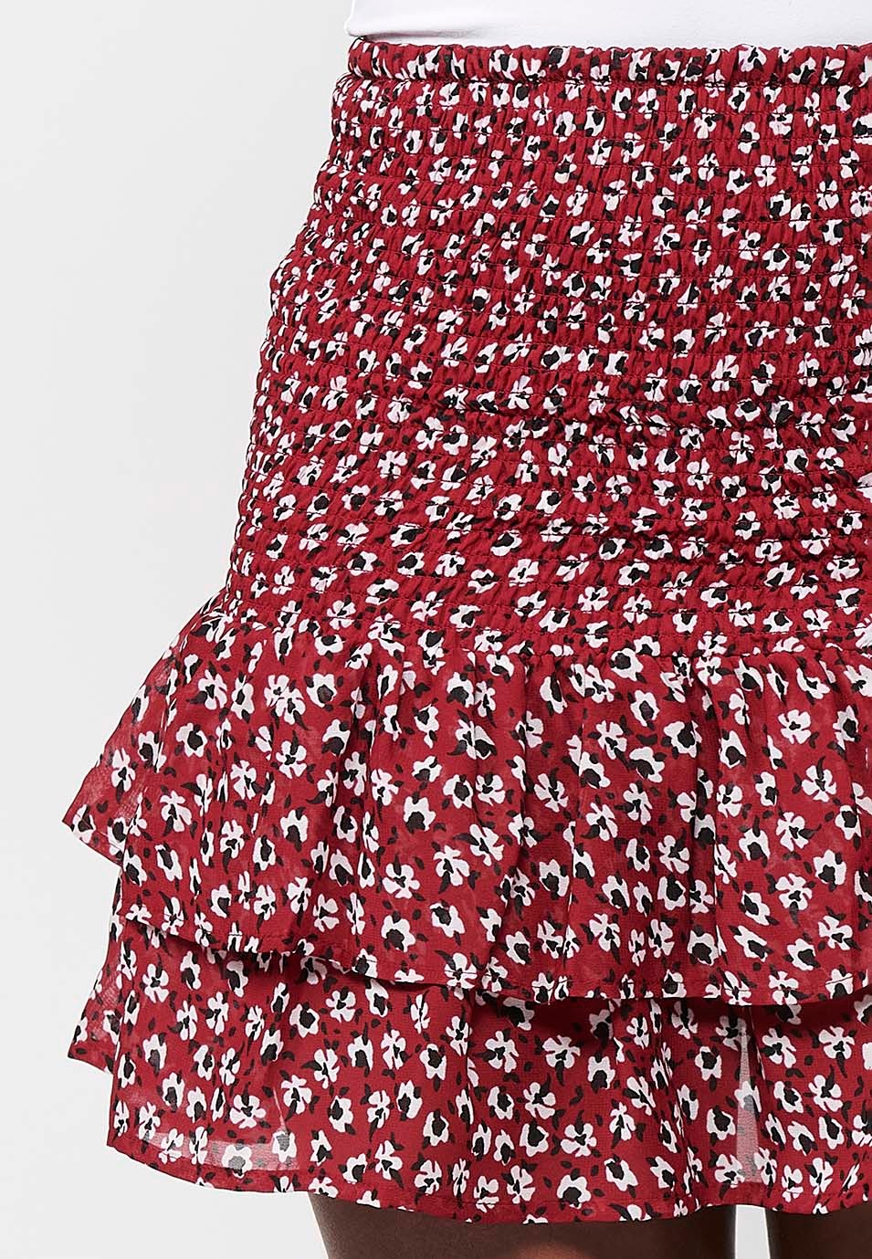 Short skirt with rubberized waist, red floral print for women