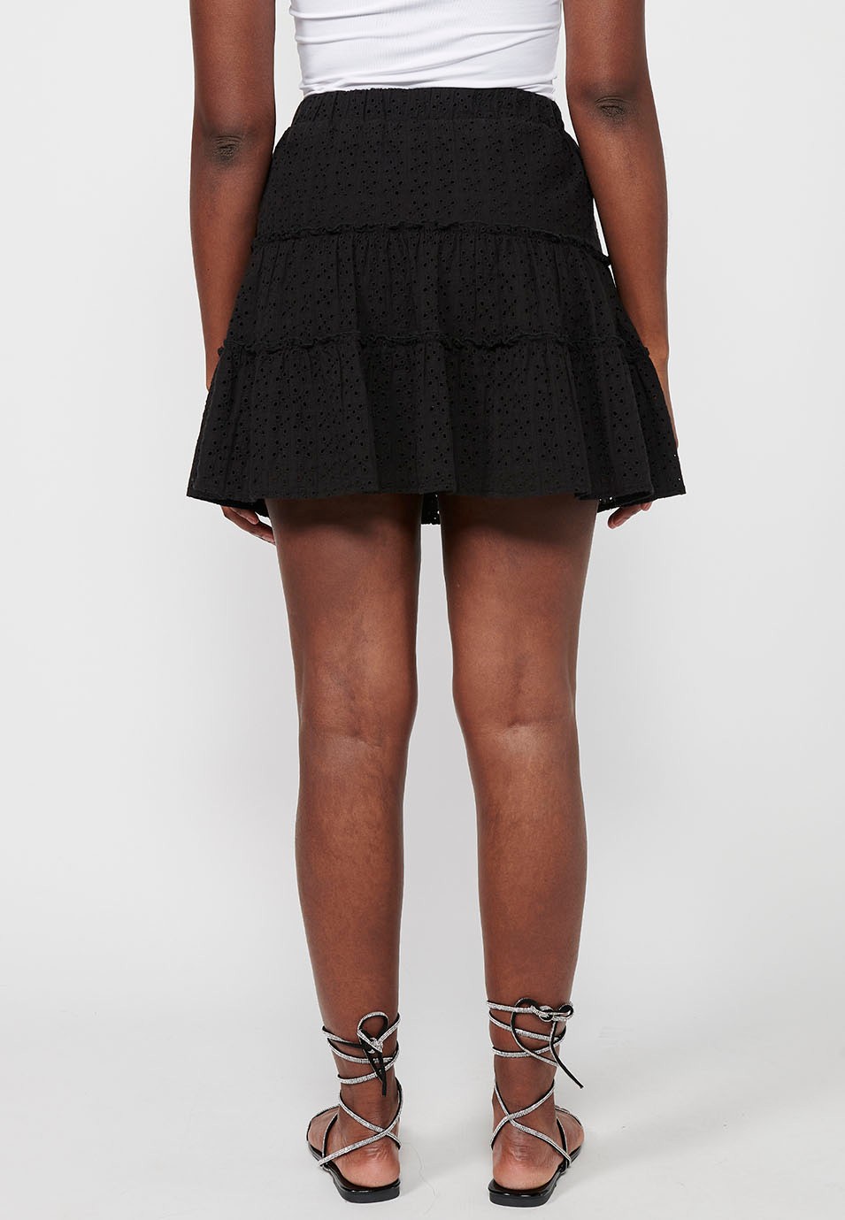 Short Cotton Skirt with Ruffle and Adjusted Waist with Elastic Band with Black Embroidered Fabric for Women 2