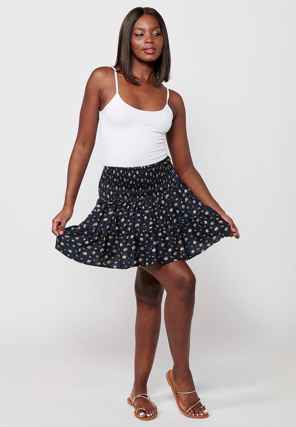 Short skirt, rubberized waist, navy floral print for women