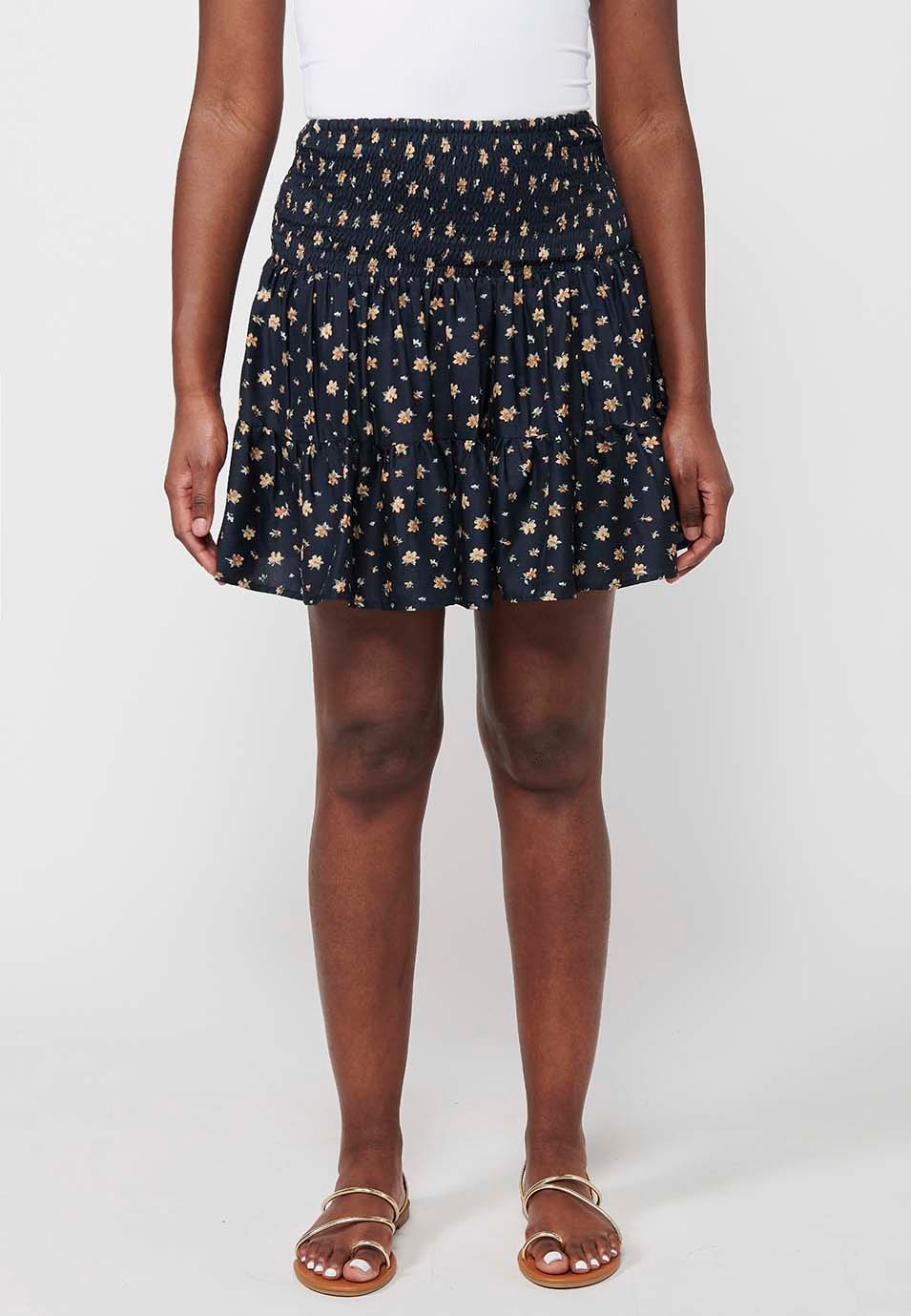 Short skirt, rubberized waist, navy floral print for women