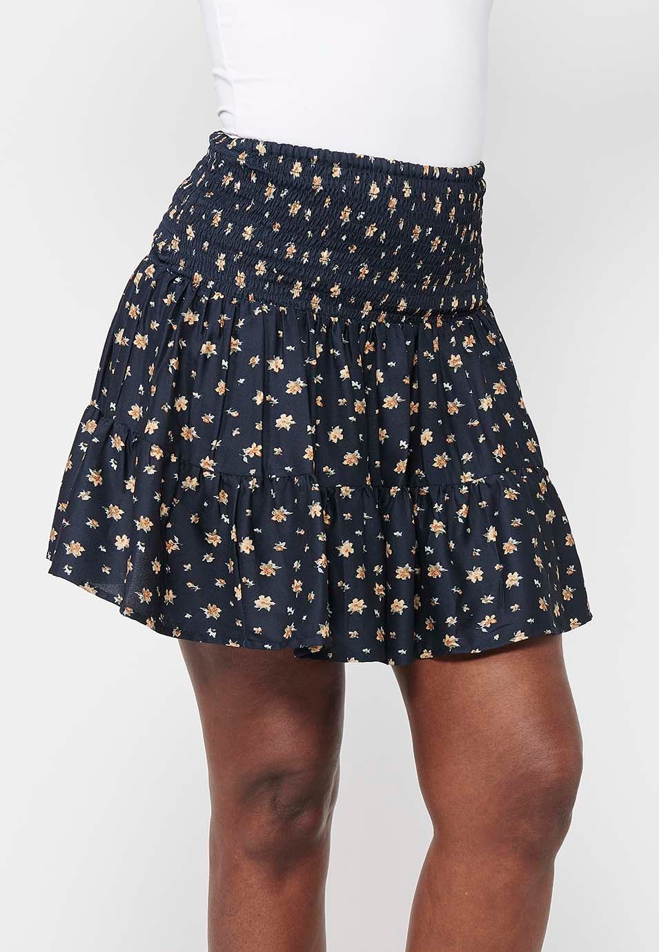 Short skirt, rubberized waist, navy floral print for women