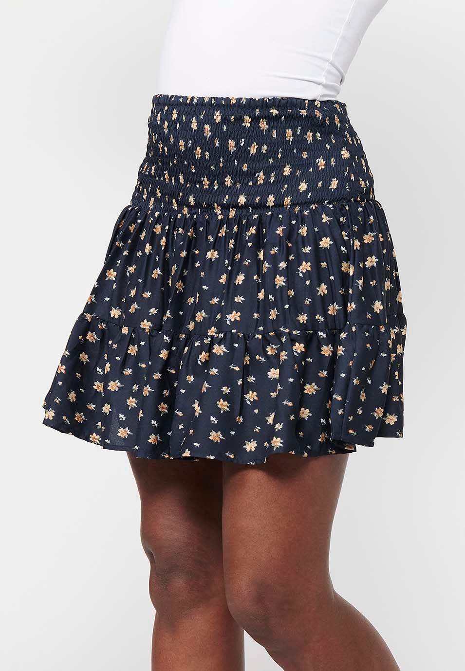 Short skirt, rubberized waist, navy floral print for women