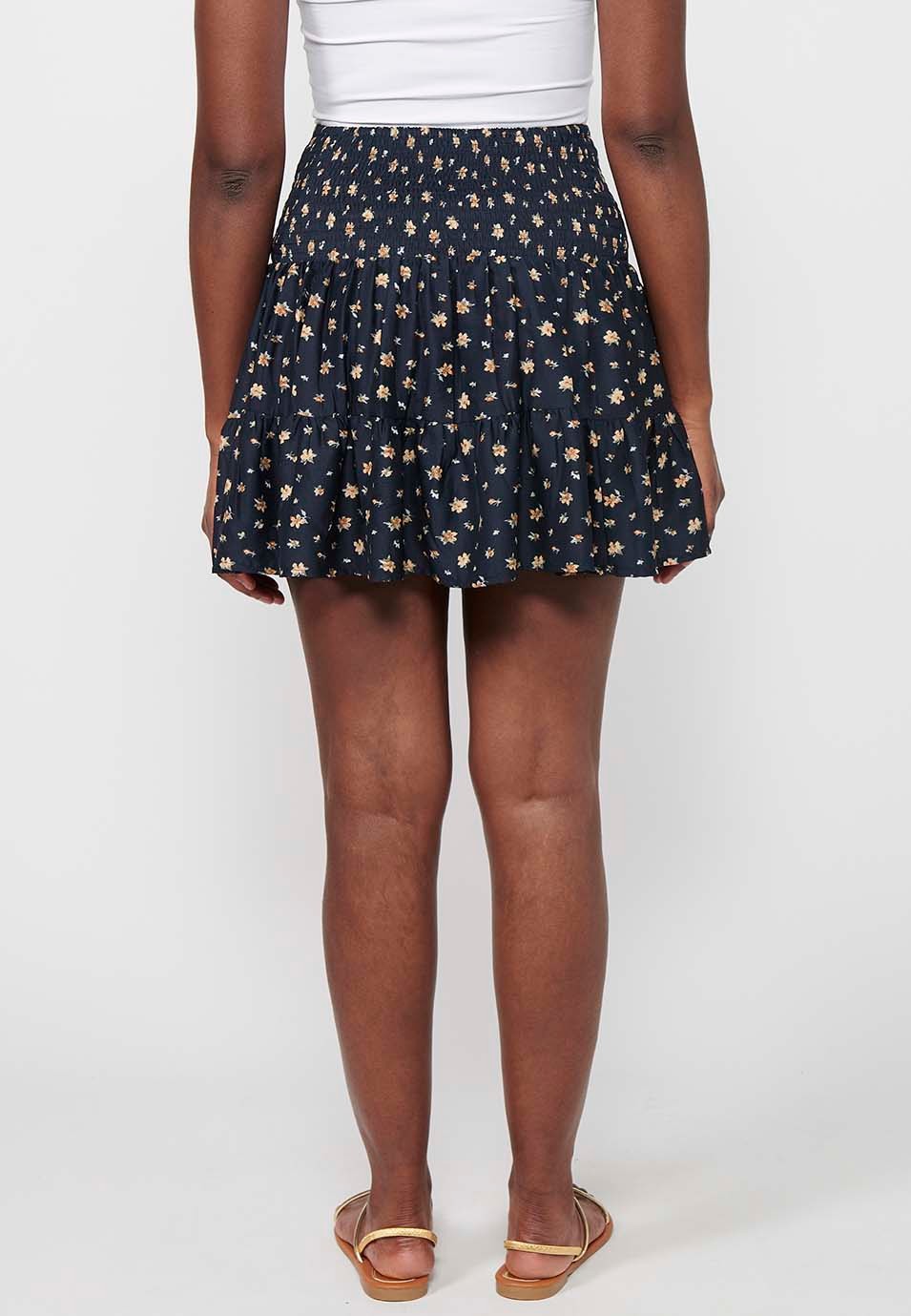 Short skirt, rubberized waist, navy floral print for women