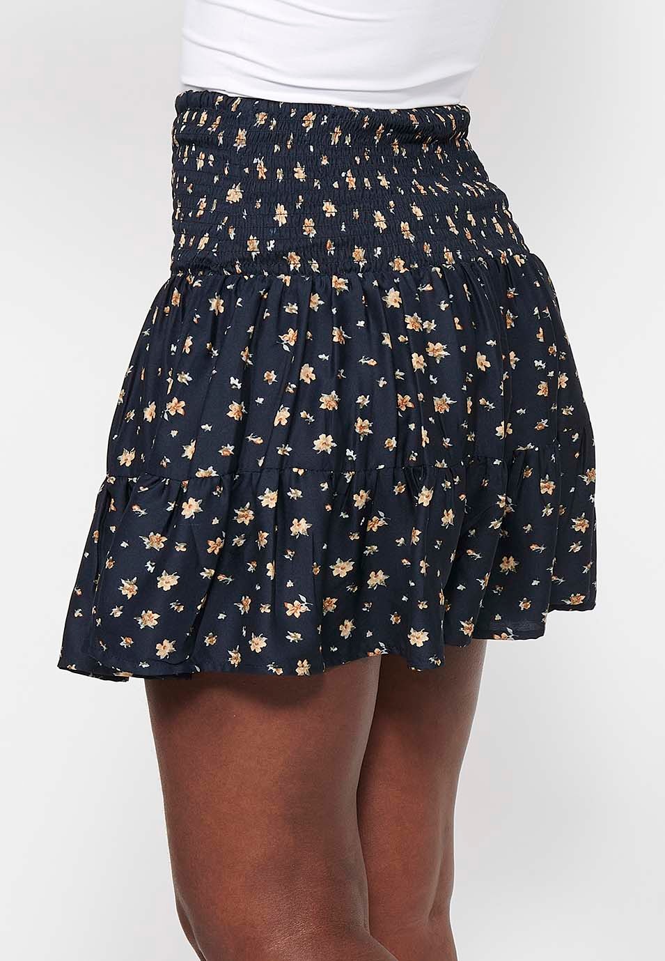 Short skirt, rubberized waist, navy floral print for women