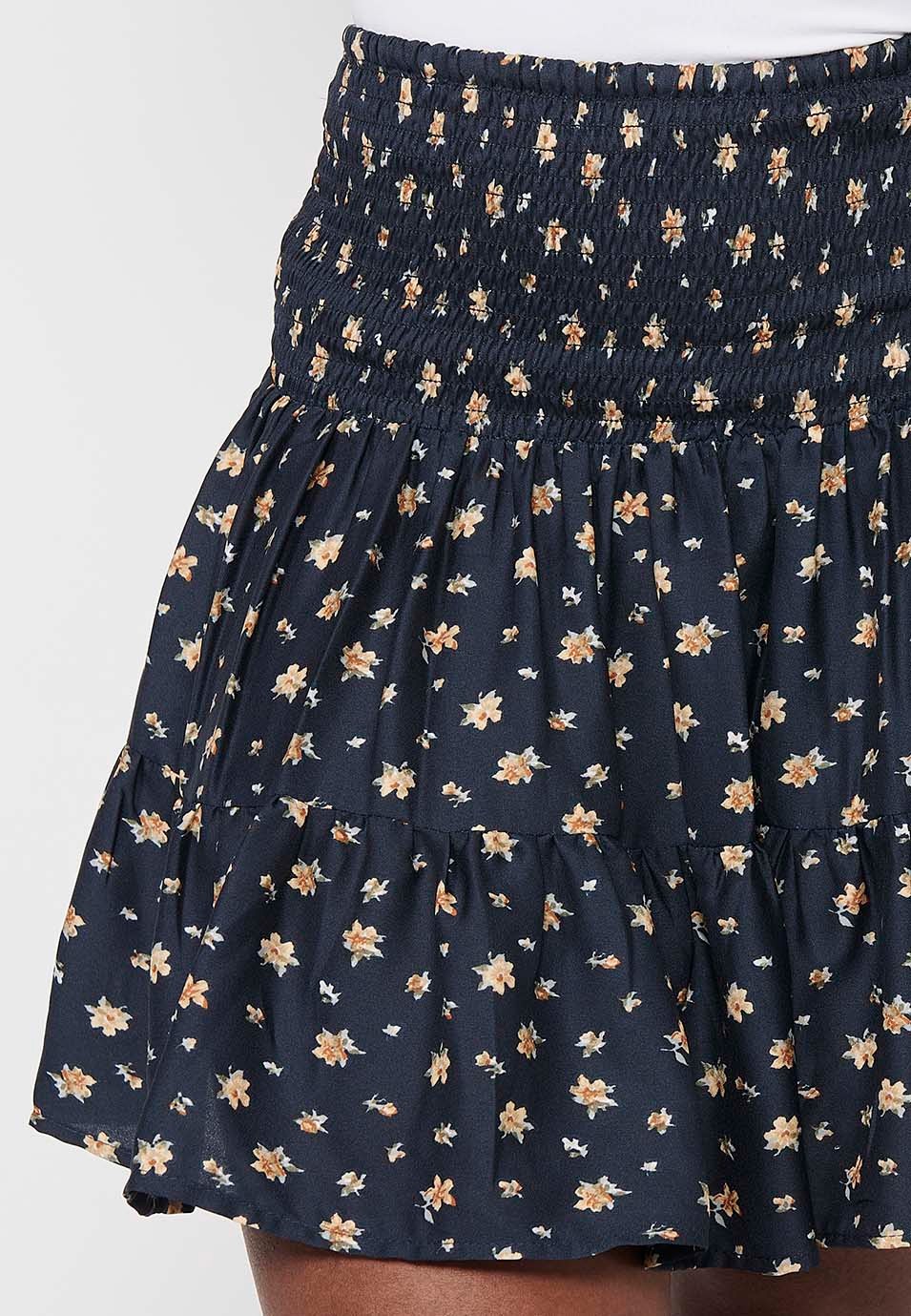 Short skirt, rubberized waist, navy floral print for women