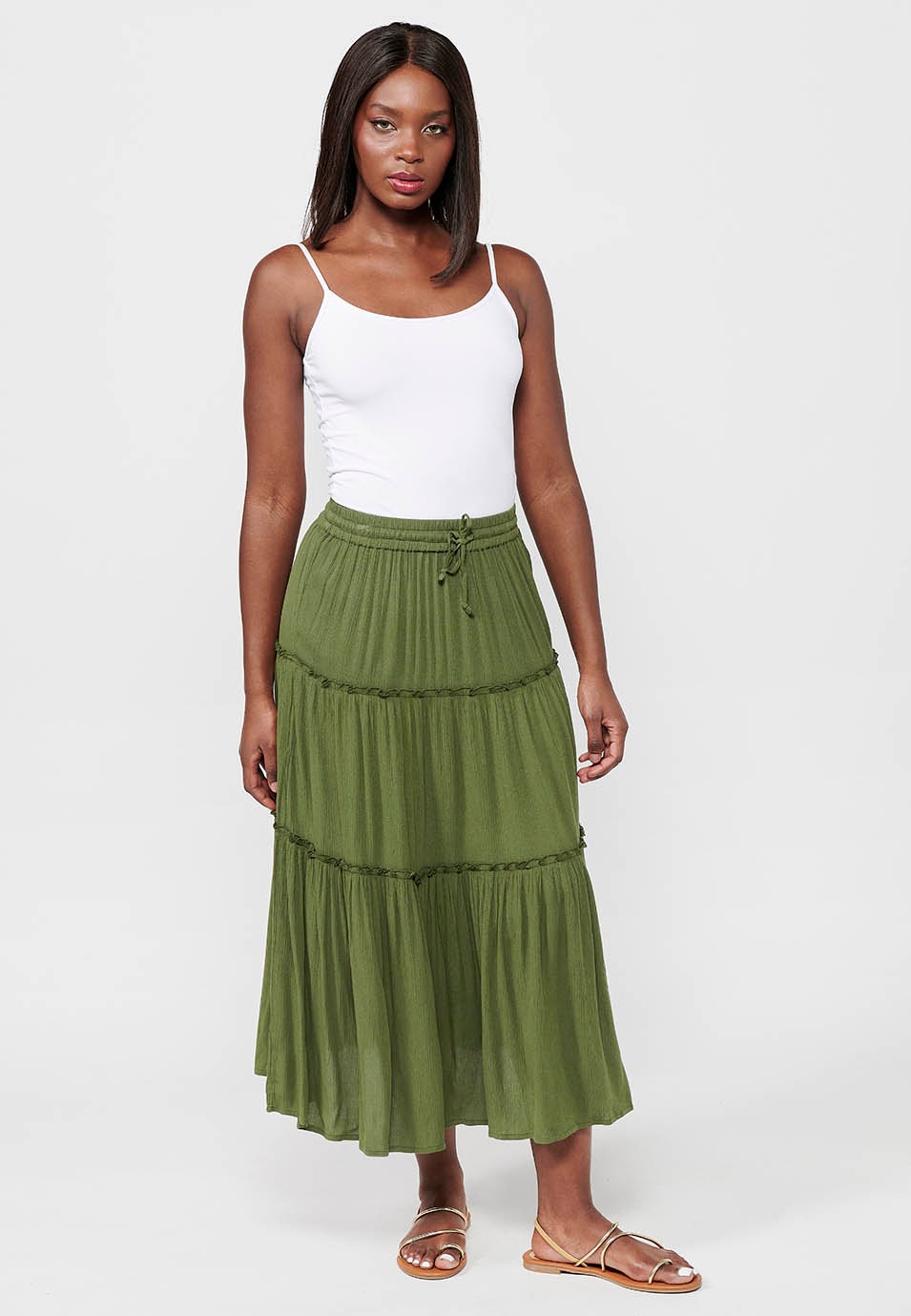 Falda larga, cintura engomada, color verde para mujer