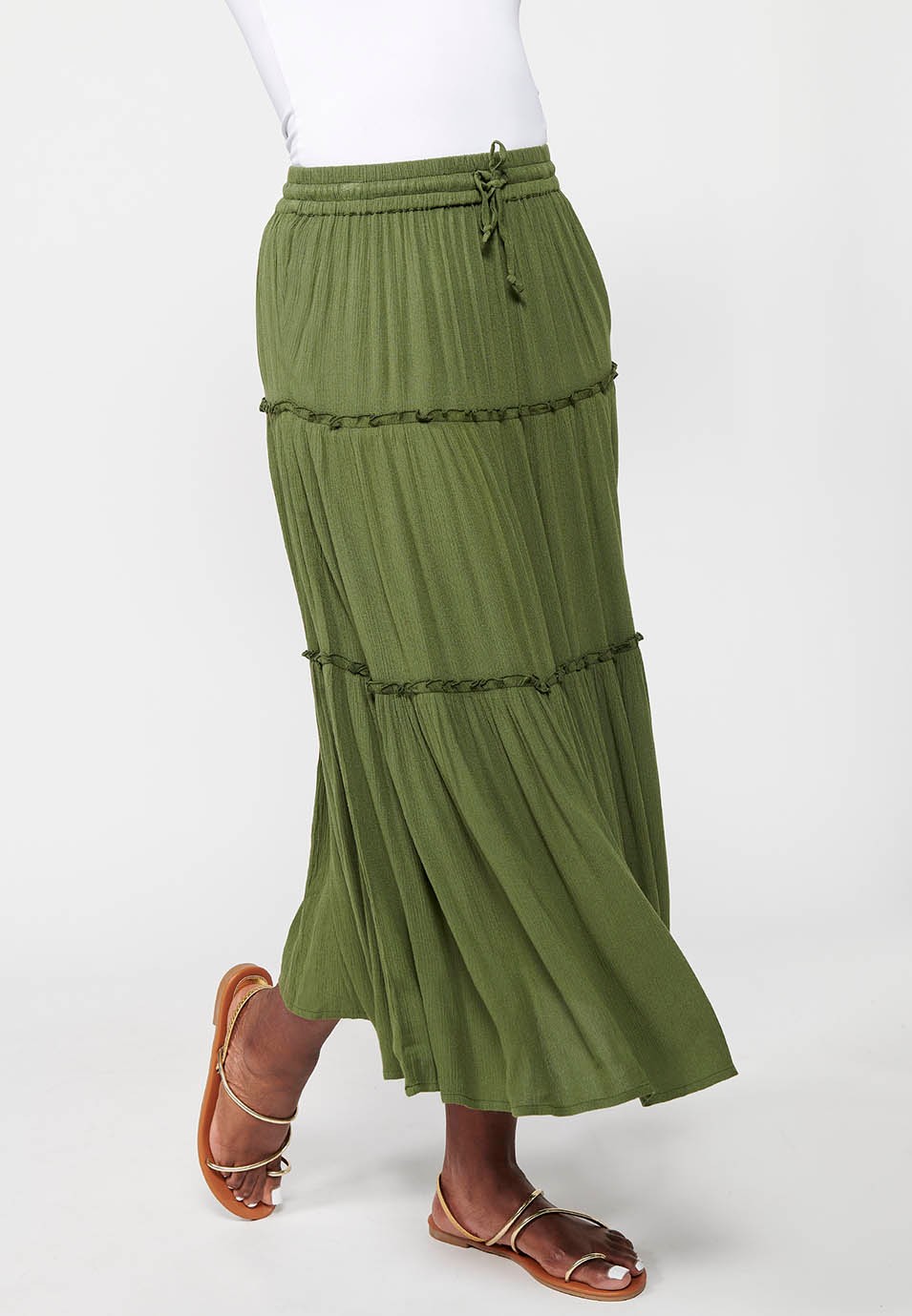 Falda larga, cintura engomada, color verde para mujer