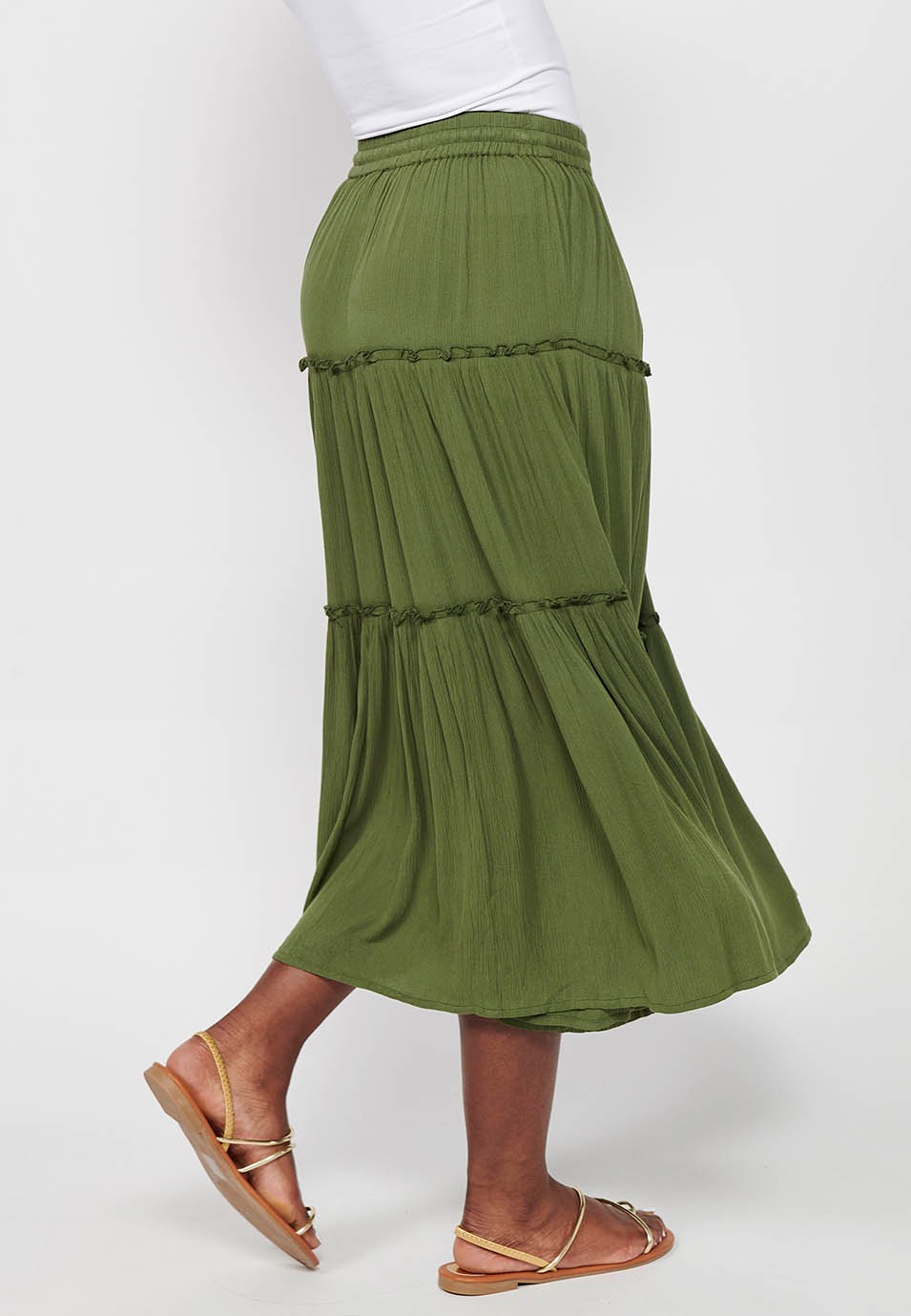 Jupe longue, taille caoutchoutée, couleur verte pour femme