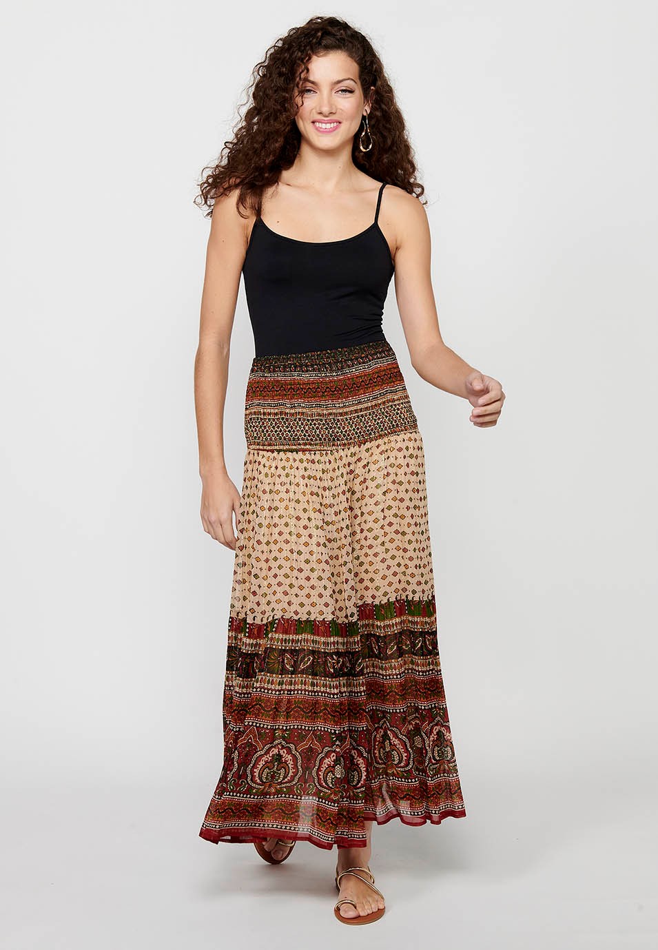 Jupe longue ample caoutchoutée à imprimé ethnique multicolore pour femmes, taille large